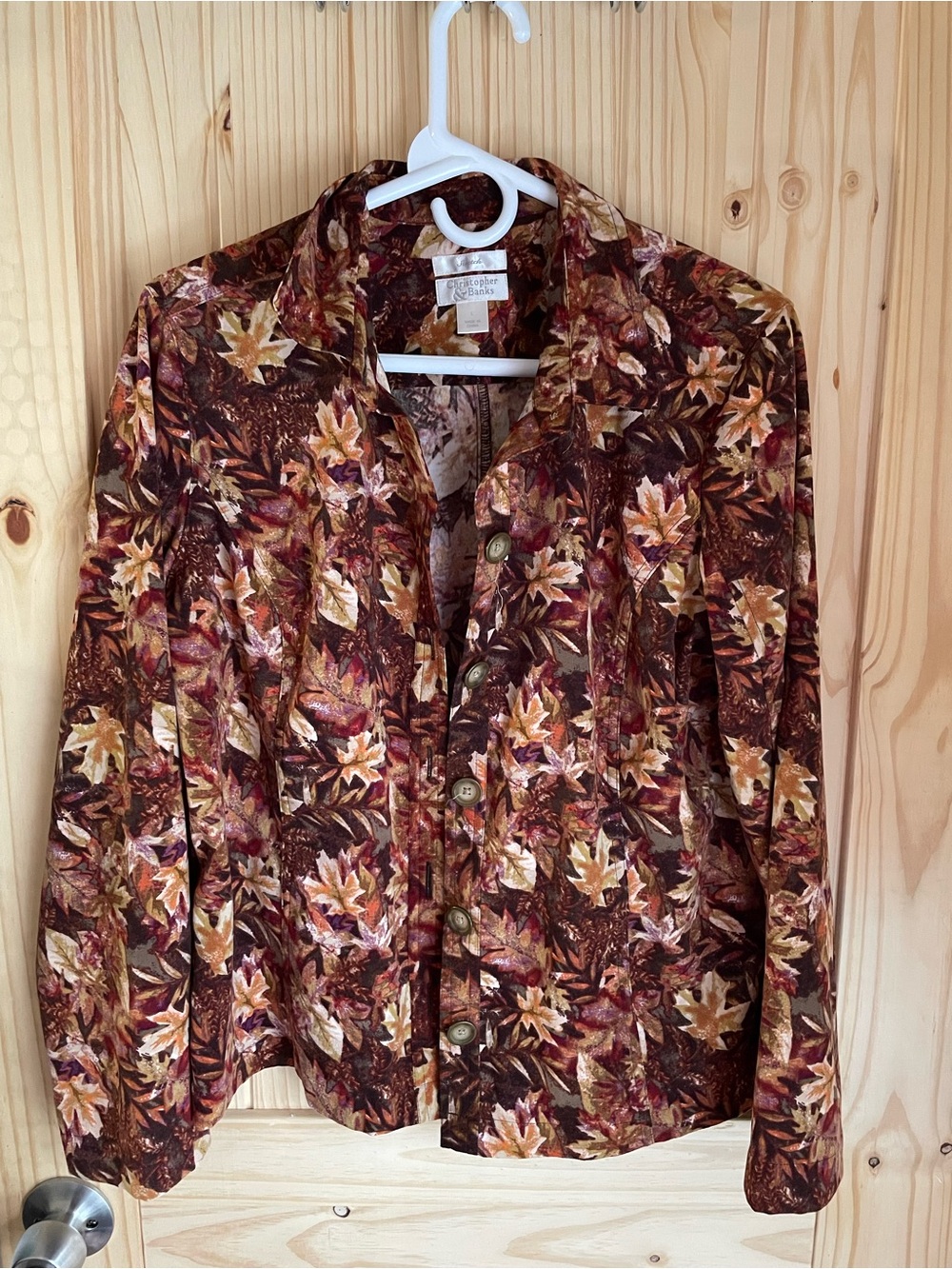 Christopher & Banks Women's Brown Leaf Print Button-Down Shirt